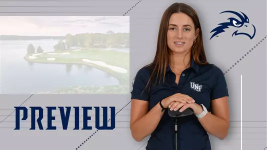 Preview for women's golf Lake Reynolds Invitational tournament featuring a head shot of Marion Debove holding a golf club and background image of Great Waters Golf Course