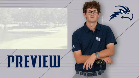 Preview for men's golf Seminole Intercollegiate tournament at Golden Eagle Country Club featuring head shot of Cody Carroll and background image of Golden Eagle Country Club