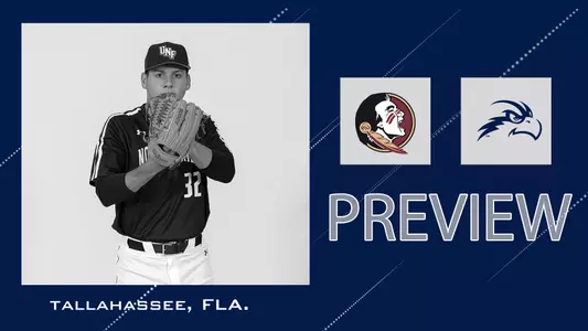 Baseball preview FSU graphic with posed shot of tony Roca and logos of FSU and UNF over blue background.