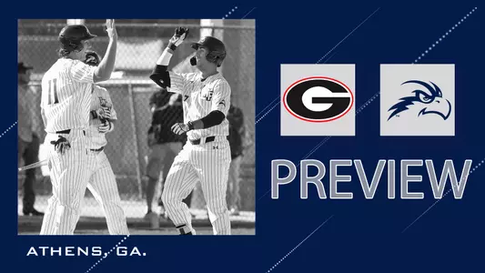baseball vs. georgia preview graphic with logos of each team and a celebration photo over a blue background