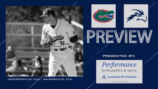 baseball vs. florida preview graphic with eddie miller looking for a sign over a blue background