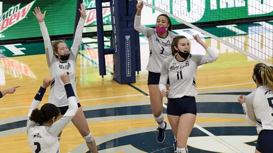 UNF VB team celebration vs. Clemson