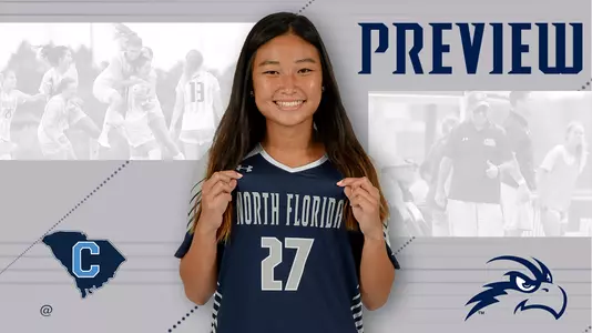 Women's soccer preview graphic for game at The Citadel featuring head shot of Sophia Thompson and a background image of team huddle and coaching staff huddle