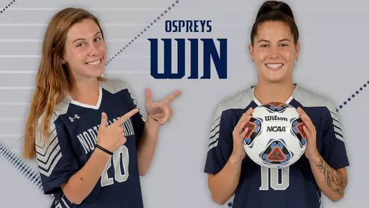 Women's Soccer wins featuring head shots of Amanda Hartmann and Thais Reiss