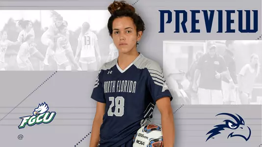 Women's soccer preview graphic for game at FGCU featuring head shot of Andrea Sanchez and a background image of team huddle and coaching staff huddle