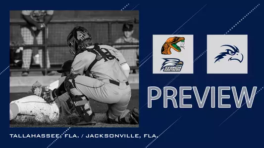 Baseball preview graphic featuring Georgia Southern and famu logos over blue background next to an action shot of Tanner Clark