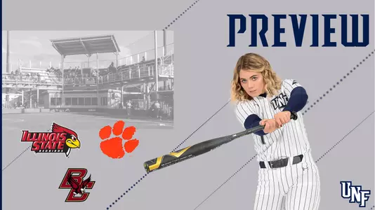 Softball preview featuring Illinois State, Clemson and Boston College logos with Britney Purser as a staged athlete.