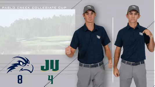 Pablo Creek Collegiate Cup graphic featuring head shots of Nick Gabrelcik and Robbie Higgins along with final score of North Florida 8 and Jacksonville 4