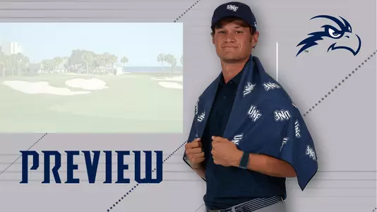 Men's Golf preview graphic for General Hackler Championship featuring Nick Infanti standing with a towel over his shoulders and background image of golf green on The Dunes Golf Club