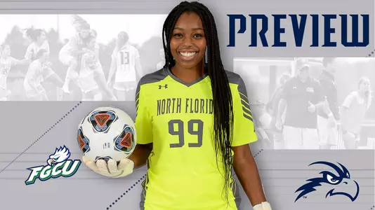 Women's soccer preview graphic for game vs FGCU featuring head shot of Mercedes Sapp and a background image of team huddle and coaching staff huddle