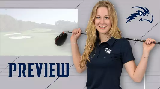 Preview for women's golf Spring Break Shootout tournament featuring a head shot of Christin Eisenbeiss holding a golf club and background image of Lake Jovita Golf Club clubhouse