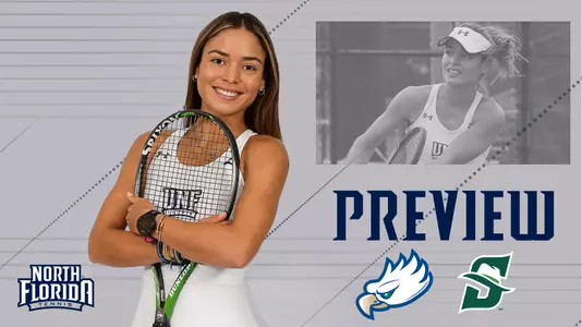 wten preview graphic featuring action and posed shots of Lucia Montano and FGCU and Stetson logos