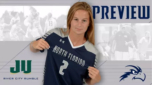 Women's soccer preview graphic for game at Jacksonville featuring head shot of Haynes Grant and a background image of team huddle and coaching staff huddle
