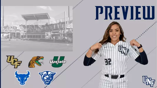 Softball preview with UCF, Florida A&M, USC Upstate, Buffalo and Georgia State logos featuring athlete Cathy Vega