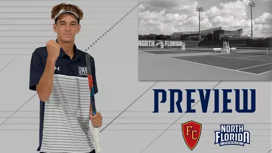 Men's tennis preview graphic against Flagler with a picture of PJ Kotan and the UNF Tennis Complex over a gray background.