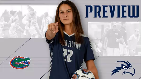 Women's soccer preview graphic for game vs Florida featuring head shot of Zara Siassi and a background image of team huddle and coaching staff huddle