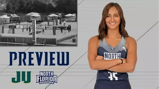 Beach Volleyball preview graphic vs. JU with a picture of The Coop and Angelie Rosario