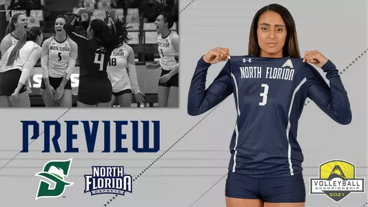 VB ASUN Qtrs graphic featuring a posed shot of Gabby O'Connell and a team shot of UNF celebrating, over a gray background.