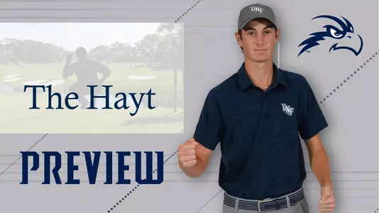 Men's Golf preview graphic for The Hayt featuring Nick Gabrelcik doing a fist pump and background image of golf green at Sawgrass Country Club