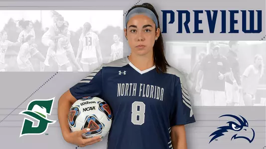 Women's soccer preview graphic for game vs Stetson featuring head shot of Ari Munoz and a background image of team huddle and coaching staff huddle