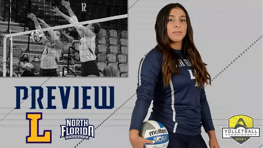 VB preview championship vs. Lipscomb graphic with a picture of Rocio Moro over a gray background with logos