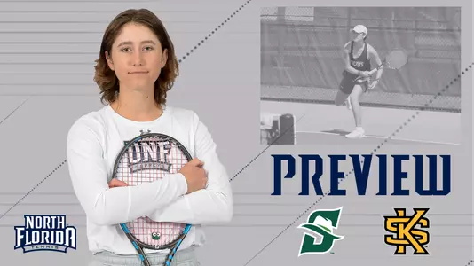 women's tennis preview graphic featuring action and posed shots of Catherine Gulihur and Stetson and Kennesaw State logos