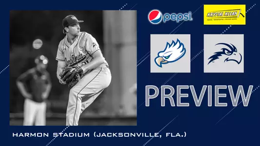 bsb gameday for game against fgcu with a blue background and two logos and picture of Max McKinley