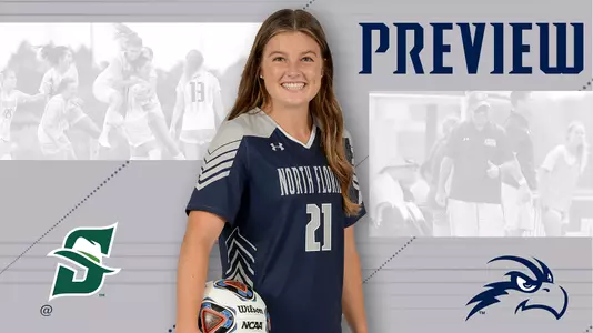 Women's soccer preview graphic for game at Stetson featuring head shot of Kendra Hoffman and a background image of team huddle and coaching staff huddle
