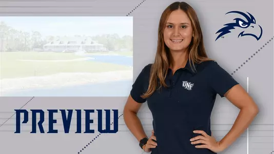 Preview for women's golf UNF Collegiate tournament featuring a head shot of Dani Gonzalez holding her hands on her hips and background image of Jacksonville Golf clubhouse