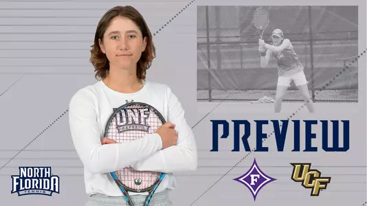 women's tennis preview graphic featuring action and posed shots of Catherine Gulihur and Furman and UCF logos