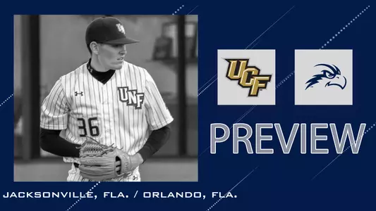 UCF baseball preview with logos of UNF and UCF over a blue background with a picture of Ethan jones.