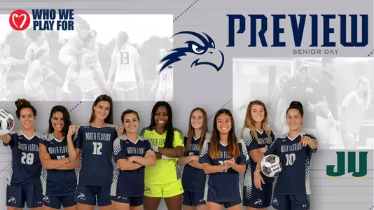 Women's soccer preview graphic for game vs Jacksonville featuring senior class group and a background image of team huddle and coaching staff huddle