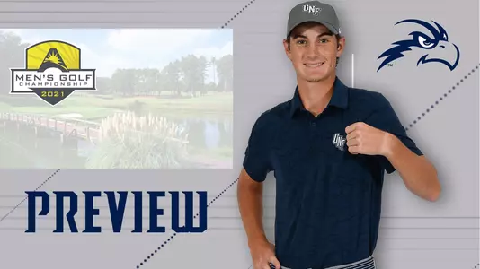 Preview for men's golf ASUN Championship tournament featuring a head shot Nick Gabrelcik and a background image of a hole at the UGA Golf Course