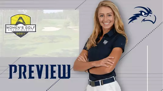 Preview for women's golf ASUN Championship tournament featuring a head shot of Sara McKevitt and background image of hole at Kinderlou Forest Golf Course