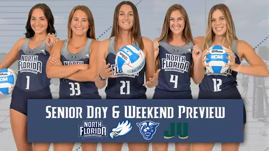 Senior Day graphic for beach volleyball with five seniors behind a blue banner with text.