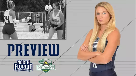 asun beach volleyball championship preview graphic for 2021 with Taryn Griffey over a gray background and a team shot with logos.
