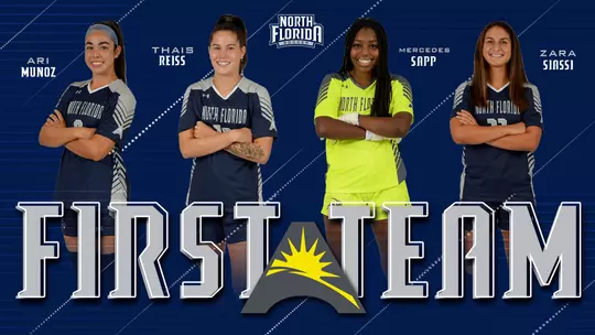 Head shots of Ari Munoz, Thais Reiss, Mercedes Sapp and Zara Siassi appear on graphic announcing their selections to ASUN All-Conference team for women's soccer