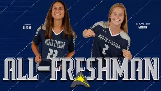 Zara Siassi and Haynes Grant head shots appear on graphic announcing their selections to the ASUN All-Freshman women's soccer team