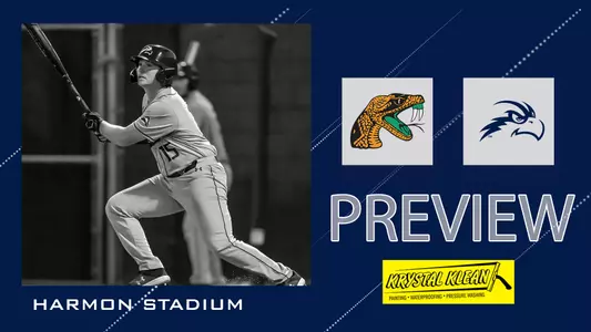 UNF baseball preview graphic against FAMU with an action shot of Grant Grodi hitting over a blue background.