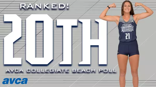 ranked in AVCA Collegiate beach volleyball poll with a picture of Antonia Harrison over a gray background with text