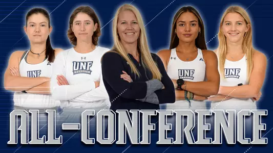 Women's Tennis All Conference: Gorches, Gulihur, Head Coach Dungagan, Montano and Davis
