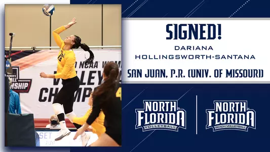 Dariana Hollingsworth-Santana Signed graphic with an action shot of her hitting a volleyball in a rectangle next to a blue background.