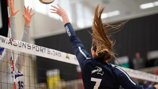 Solimar Cestero attacks the ball, putting it over the net.