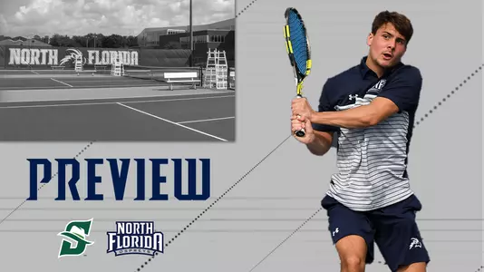 Mens tennis game preview against stetson, Dominik Barton hitting the ball next to image of UNF tennis courts