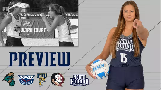 Preview graphic beach volleyball at Florida State with a picture of Leah Maloney and an action shot with logos below.