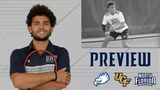 men's tennis preview graphic for matches against FGCU and UCF featuring pictures of Dominik Barton and Rodrigo Crespo over a gray background.