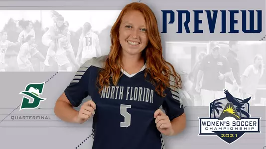 Women's soccer preview graphic for game at ASUN Quarterfinal match vs Stetson featuring head shot of Emma Voigt and a background image of team huddle and coaching staff huddle