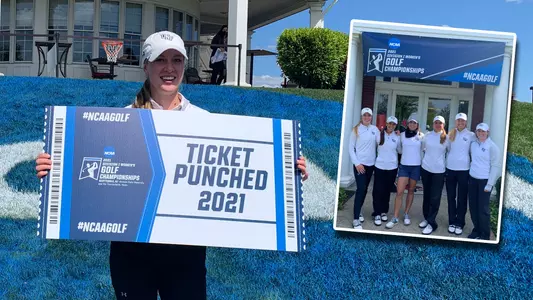 Christin Eisenbeiss holds her ticket to NCAA Championship and the women's golf poses as a group outside the clubhouse of the UofL Golf Club during the NCAA Regional