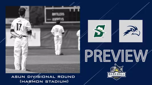 Baseball ASUN Divisional Round preview graphic with a picture of Eddie Miller next to a blue background