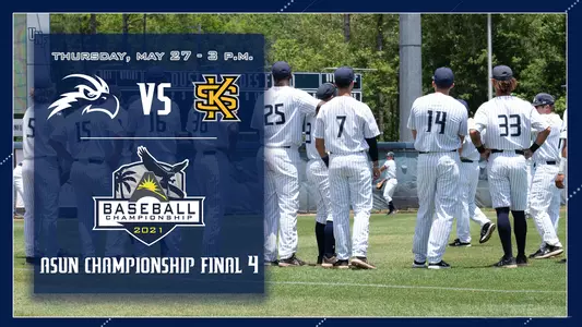 asun championship game 1 graphic with a logo of KSU and UNF over a picture of the team